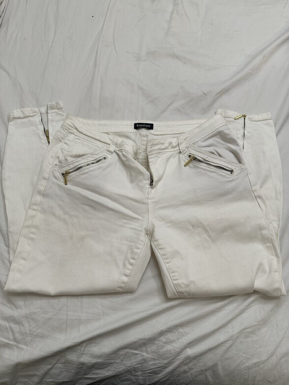 bebe White Skinny Ankle Jeans Gold Zip Detail Women’s Size 30 Stretch